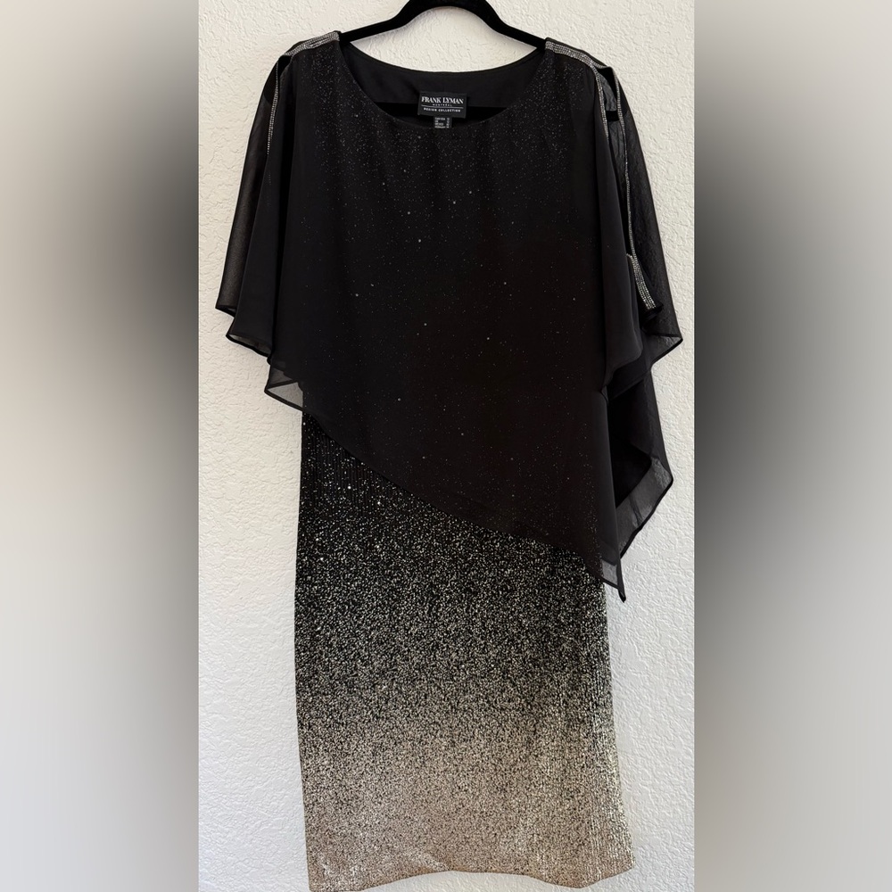 Frank Lyman Montreal Black, Silver, and Gold Chiffon Asymmetrical Dress Size 10